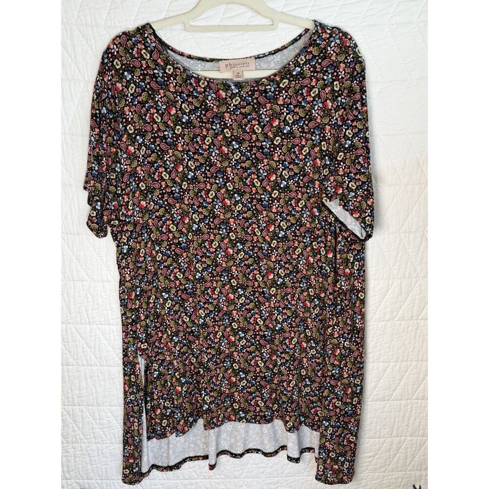 Philosophy Top tunic Sz 2X black paisley hi low short sleeve women